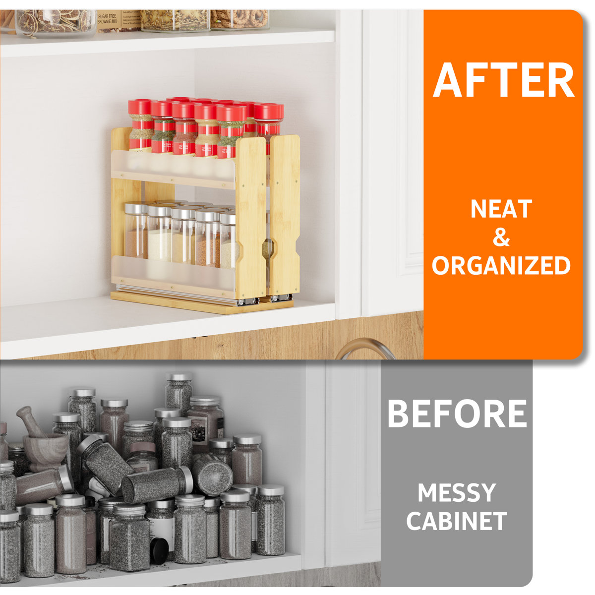 Bamboo Pull-out Spice Rack Organizer — Heavy Duty Sliding Cabinet Pantry — 5.1" W, 2-tier, 2 Drawers (2" Wide), Natural